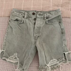 Free People Distressed Green Denim Shorts